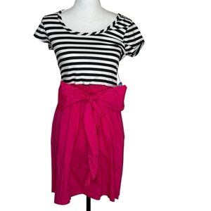 Bright Pink Black White Striped Sailor Nautical Big Belted Bow Mini Dress Size L